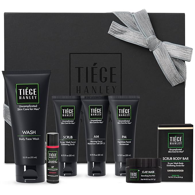 Tiege Hanley Mens Skin Care Gift Box Set, Silver - Men's Skincare Set Includes Face Wash, AM & PM Facial Moisturizer, Face Clay Mask & Scrub, Body Scrub Bar, & Moisturizing Lip Balm-Velvo Beauty