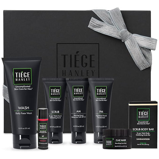 Tiege Hanley Mens Skin Care Gift Box Set, Silver - Men's Skincare Set Includes Face Wash, AM & PM Facial Moisturizer, Face Clay Mask & Scrub, Body Scrub Bar, & Moisturizing Lip Balm-Velvo Beauty
