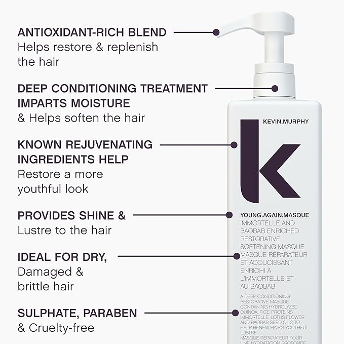 KEVIN.MURPHY YOUNG.AGAIN.MASQUE - Hair Masque for Damaged Hair - For Dry, Damaged, Brittle Hair - Deep Conditioning Masque - With Immortelle & Baobab Seed Oil - 1 L / 33.8 fl oz-Velvo Beauty