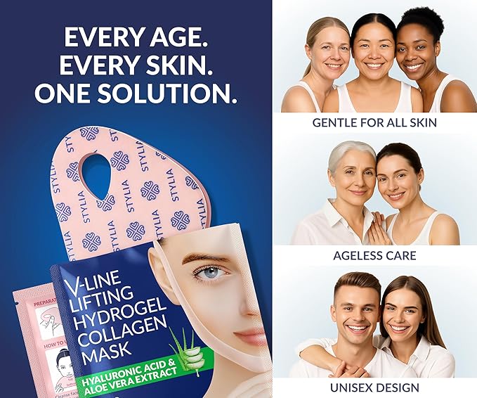 Stylia V Line Lifting Collagen Face Mask - Double Chin Strap for Women - Jawline Shaper Face Lift Tape - Neck Lift Collagen Mask - Chin Strap for Sleeping - Hyaluronic Acid, Aloe Vera, Cica 5PC-Velvo Beauty