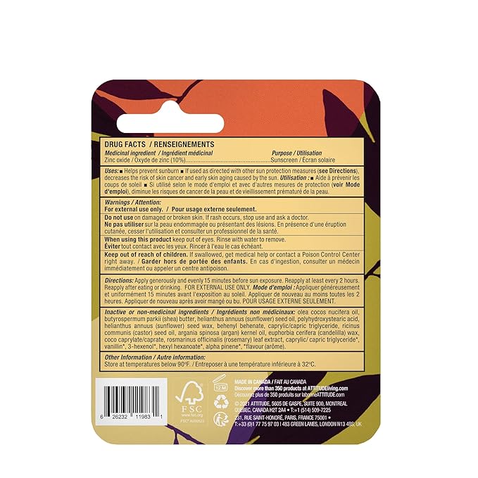 ATTITUDE Plastic-free Lip Balm with Sun Protection SPF 15, EWG Verified, Plant- and Mineral-Based Ingredients, Vegan and Cruelty-free, Mango, 0.3 Oz (Pack of 3)-Velvo Beauty