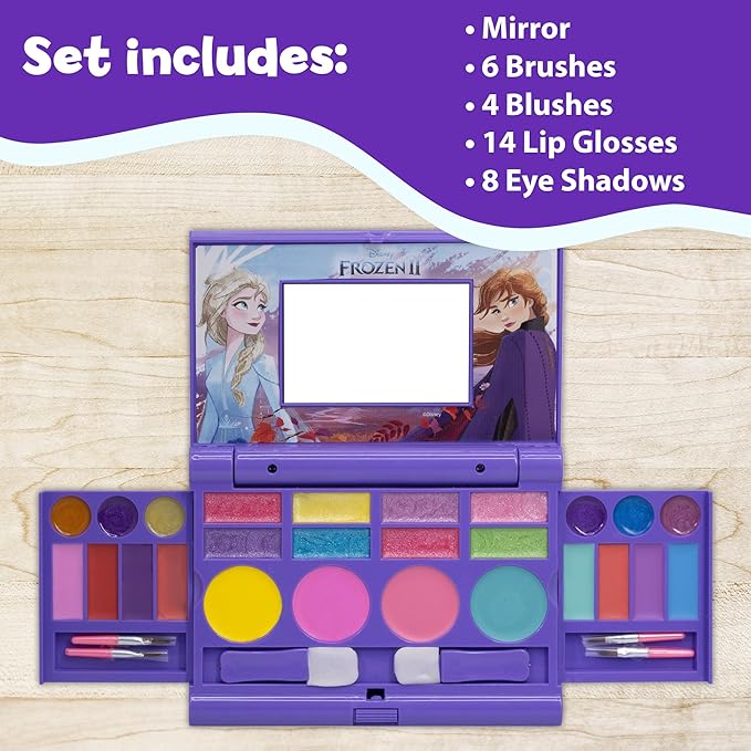 Disney Frozen Elsa Anna Cosmetic Compact Set with Mirror 22 lip glosses, 4 Body Shines, 6 Brushes Colorful Portable Foldable Washable Makeup Beauty Kit Box Set for Girls Kids Toddler-Velvo Beauty