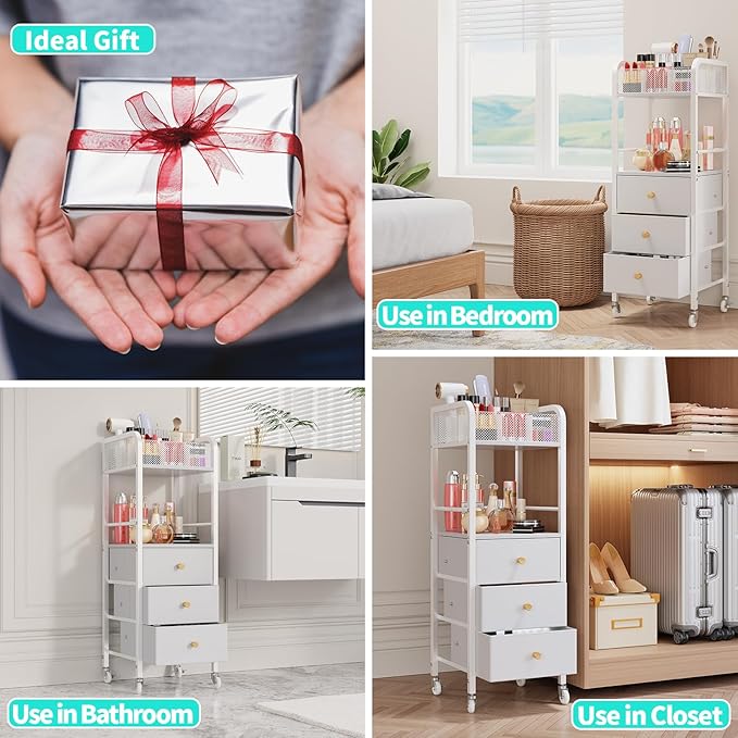 HapiRm Rolling Makeup Cart Organizer - Floor Skincare Make Up Storage with 3 Drawers, Vanity Organizer Cosmetic Display Cases Holder for Skin Care Perfume Nail Polish Brush Hair Tool, White-Velvo Beauty