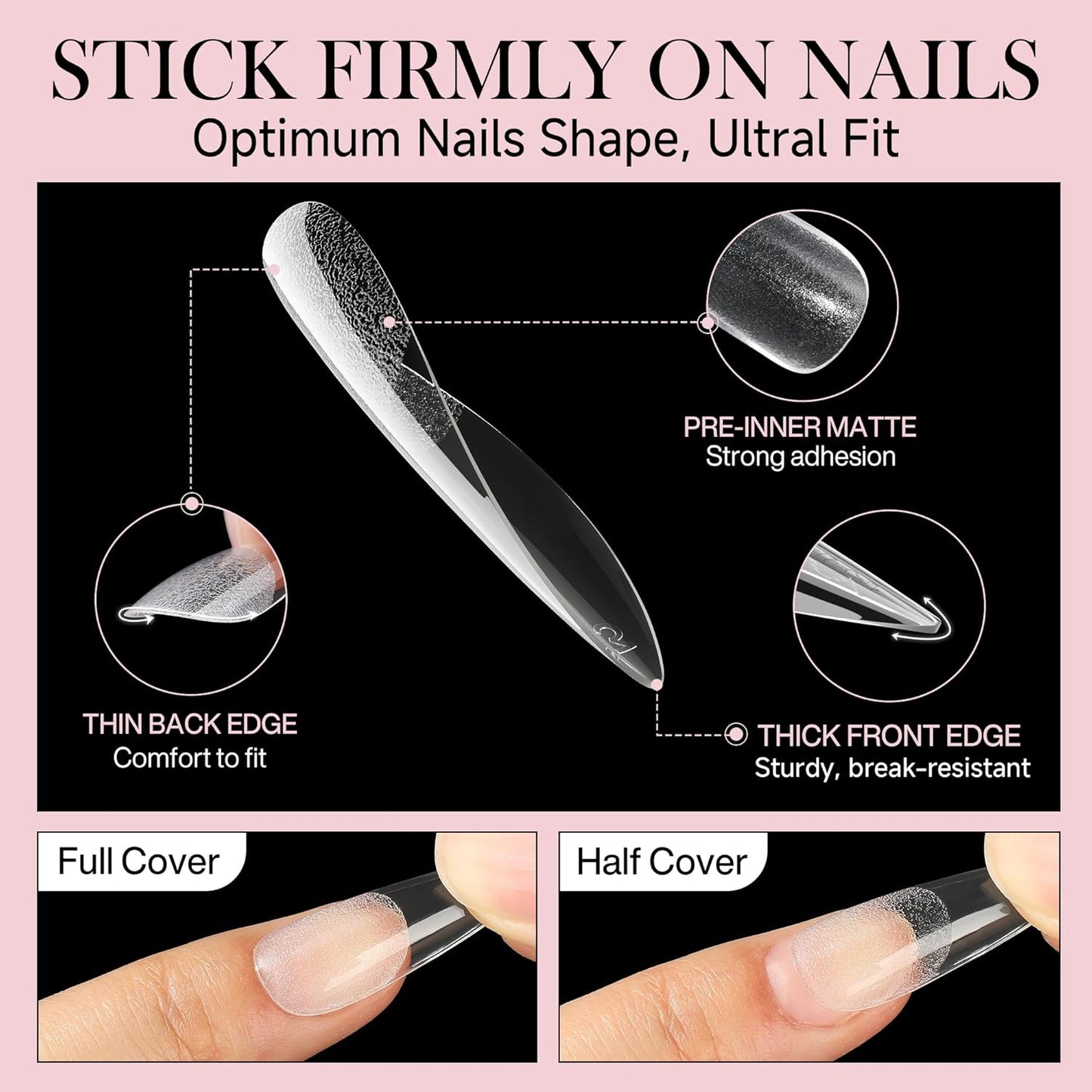 Long Amond Nail Tips: 504pcs Stiletto Gel Nails Tips Half Matte Full Cover Clear False Fake Nails for DIY Nail Art Press On Nails Acrylic Extensions 12 Sizes-Velvo Beauty