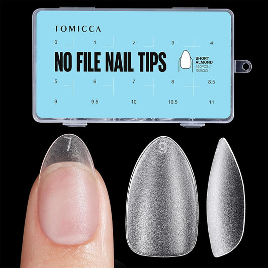 TOMICCA Short Almond Nail Tips - 450Pcs Acrylic Nail Tips Kit, 15 Sizes Pre Buffed Almond False Tips, Full Cover Double-sided Matte Nails for Nail Art Extension Press on Nails-Velvo Beauty