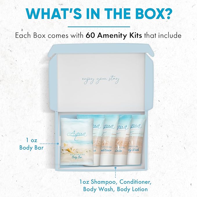 Aqua Organics Amenity Kit|Boxed Hotel Toiletries|Bulk Set 1 oz Travel Size Shampoo, Conditioner, Lotion, Body Wash & Bar Soap for Guest Hospitality AirBnB/Vacation Rentals|300 Pieces-Velvo Beauty