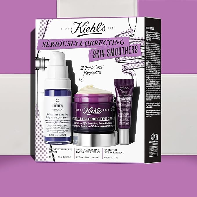 Kiehl's Seriously Correcting Skin Smoothers Skincare Gift Set – 3 Piece Skincare Routine Set with Wrinkle Reducing Face Moisturizer, Retinol Facial Serum & Anti-Aging Eye Cream-Velvo Beauty