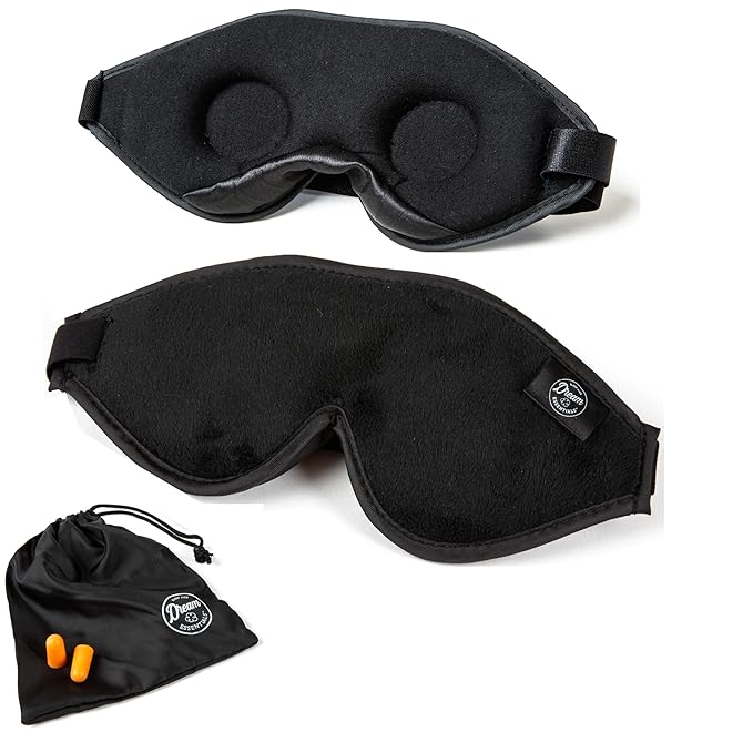 Dream Essentials - Escape 3D Sleep Mask, Earplugs and Carry Pouch Set, Molded Eye Shade for Men and Women, Contoured, Nose Bridge, Light Block, Memory Foam, Gift Set, Travel, Yoga, Blindfold - Black-Velvo Beauty
