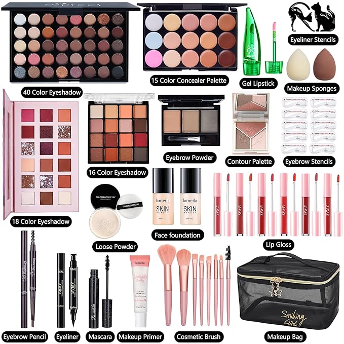 All in One Makeup Kit for Women Full Kit, Make Up Gift Set for Women, Makeup Essential Bundle Includes Foundation Face Primer Eyeshadow Contour Palette Lipstick Eyeliner Mascara Cosmetic Brush Set-Velvo Beauty