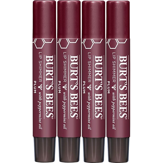 Burt's Bees Shimmer Lip Tint Set, Tinted Lip Balm Stick, Moisturizing for All Day Hydration with Natural Origin Glowy Pigmented Finish & Buildable Color, Plum (4-Pack)-Velvo Beauty