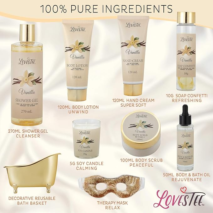Mothers Day Gifts, Spa Basket for Women, Vanilla Bath & Body Set, Christmas & Birthday Gift, Includes Shower Gel, Body Lotion, Hand Cream, Body Scrub, Message Oil, Candle, Eye Mask, Confetti-Velvo Beauty