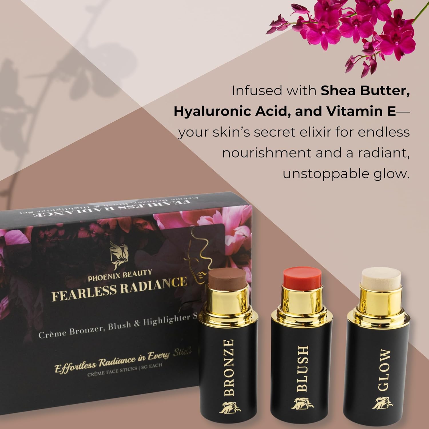 Cream Contour Stick Set – Blush, Bronzer & Highlighter Trio | Hydrating, Buildable, High-Pigment Makeup with Shea Butter & Vitamin E | Phoenix Beauty Gift Set (Luminous)-Velvo Beauty