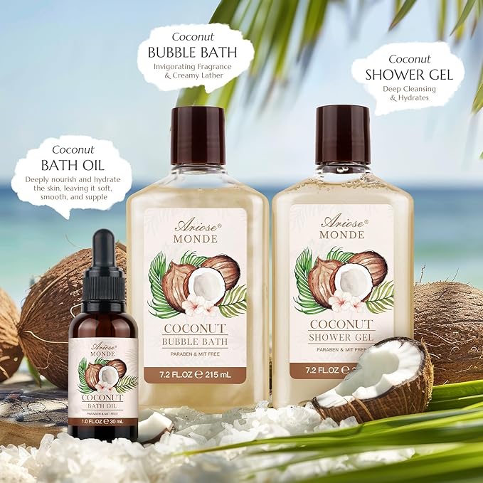 Bath & Shower Spa Basket Gift Set, Coconut Scent, with Shower Gel, Bubble Bath,Body Lotion, Bath Bomb,Bath Salt, Bath and Body Gift Box for Women-Velvo Beauty