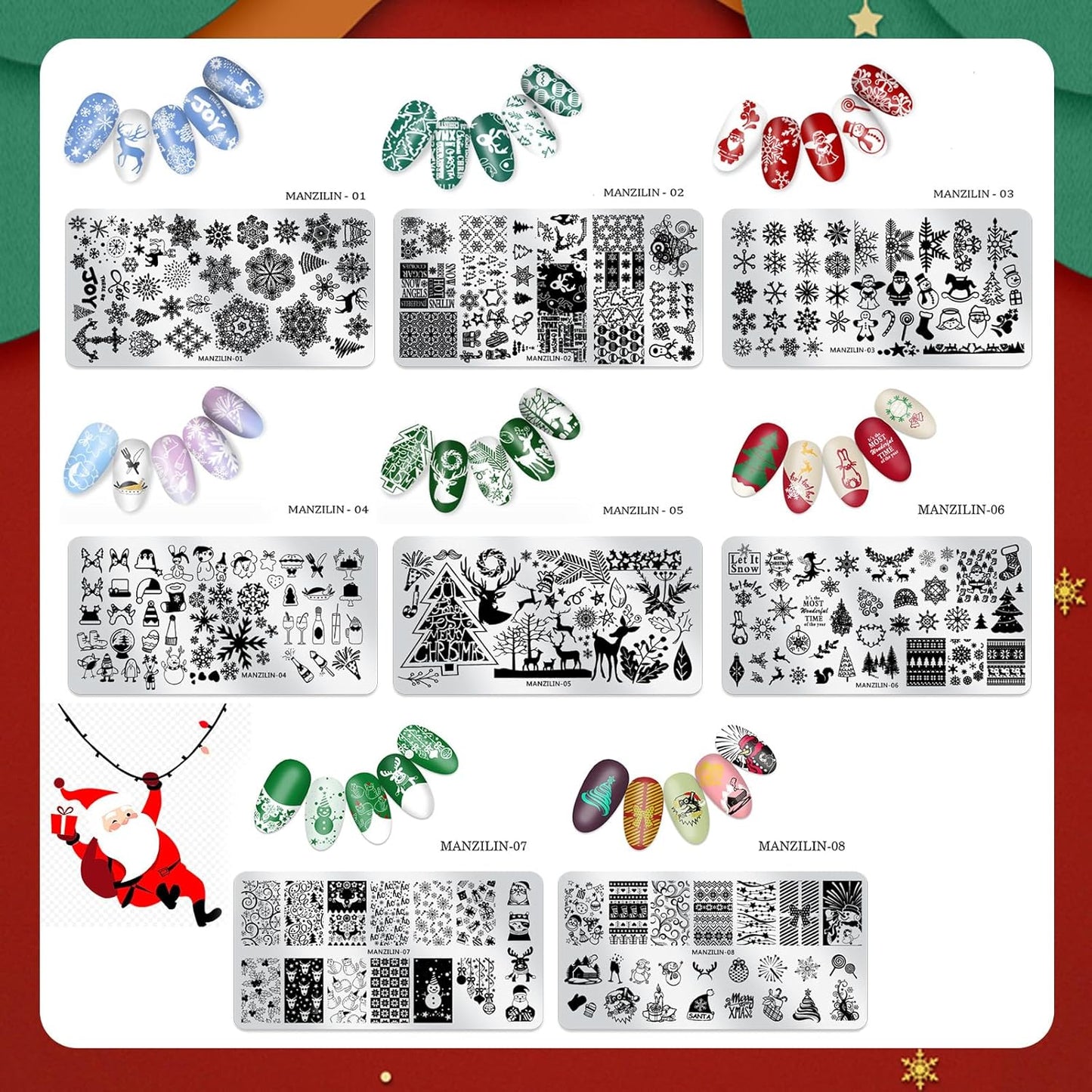 Christmas Nail Stamping Plates - Winter Stamp Kit with Snowflake, Santa Claus, Christmas Tree, Elk & Candy Bells Designs - DIY Stainless Steel Nail Image Polish Template Kit (8Pcs)-Velvo Beauty