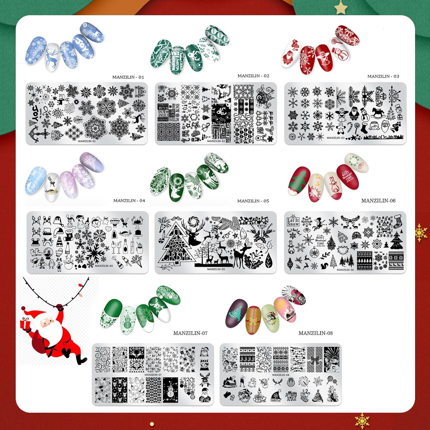 Christmas Nail Stamping Plates - Winter Stamp Kit with Snowflake, Santa Claus, Christmas Tree, Elk & Candy Bells Designs - DIY Stainless Steel Nail Image Polish Template Kit (8Pcs)-Velvo Beauty