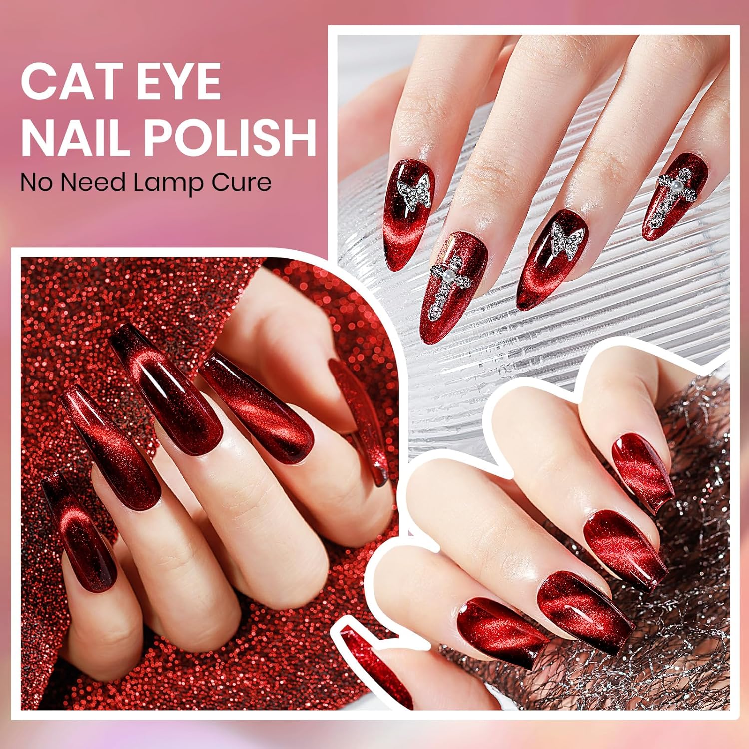 Red Magnetic Nail Polish Non Gel, Cat Eye Nail Polish Quick Dry Lacquer Manicure Gift For Women Girls 16ml/0.54 oz-Velvo Beauty