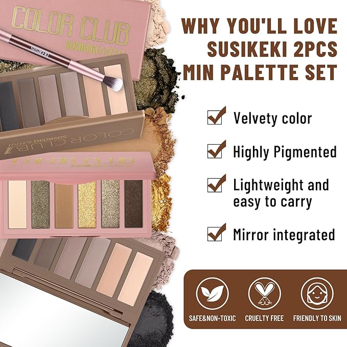 2PCS 6 Colors Mini Naked Eyeshadow Palette Makeup with Brush Set Neutral Nude Eye Shadow Brown & Olive-colored Matte Shimmer Make Up Pallet with Mirror Highly Pigmented Travel Size Gift Kit-Velvo Beauty
