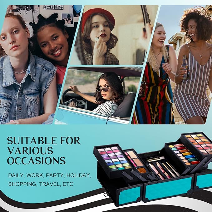 Color Nymph All In One Makeup Kit Comestics Gifts for Girls Teens, Travel Makeup Set 4 Trays Train Case for Beginner Includes Eyeshadow Highlighter Lipgloss Blush Concealer Brush Eyeliner Lipbalm-Velvo Beauty