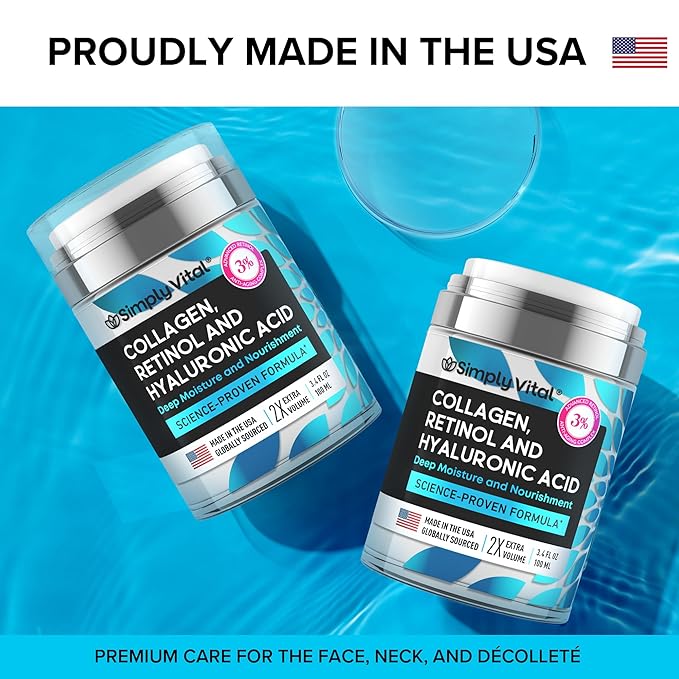 SimplyVital Collagen, Retinol & Hyaluronic Acid Cream - Anti-Aging Retinol Cream for Face, Neck & Décolleté - Made in USA - Daily Moisturizer Face Cream - 3.38 fl oz-Velvo Beauty