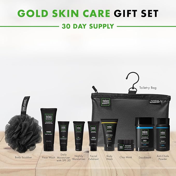 Tiege Hanley Mens Skin Care Gift Box Set, Gold - Men's Skincare Set with Face Wash, AM & PM Moisturizer, Scrub, Clay Mask, Body Wash, Deodorant, Anti Chafe Powder, Scrubber & Dopp Kit-Velvo Beauty