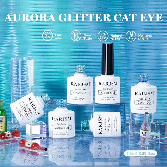 RARJSM Blue Cat Eye Gel Nail Polish Set 6pcs Reflective Diamond Glitter Clear Light Gray Sea Blue Green Tone Glass Cateye Gelpolish with Magnet Stick 7.5ml Curing Requires Soak Off for Home Salon-Velvo Beauty
