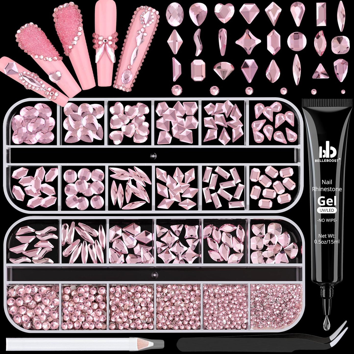 1680Pcs Pink Glass Nail Rhinestones 180Pcs Multi Shapes Flatback Nail Gems + 1500Pcs 1.5-4mm Round Crystal with Rhinestones Glue Gel, Manicure Nail Charms Diamond Gemstones for Nail Art-Velvo Beauty