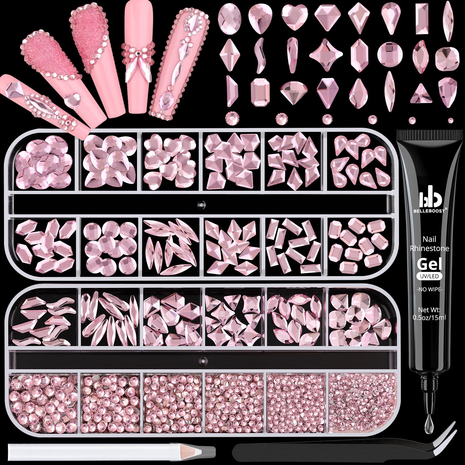 1680Pcs Pink Glass Nail Rhinestones 180Pcs Multi Shapes Flatback Nail Gems + 1500Pcs 1.5-4mm Round Crystal with Rhinestones Glue Gel, Manicure Nail Charms Diamond Gemstones for Nail Art-Velvo Beauty