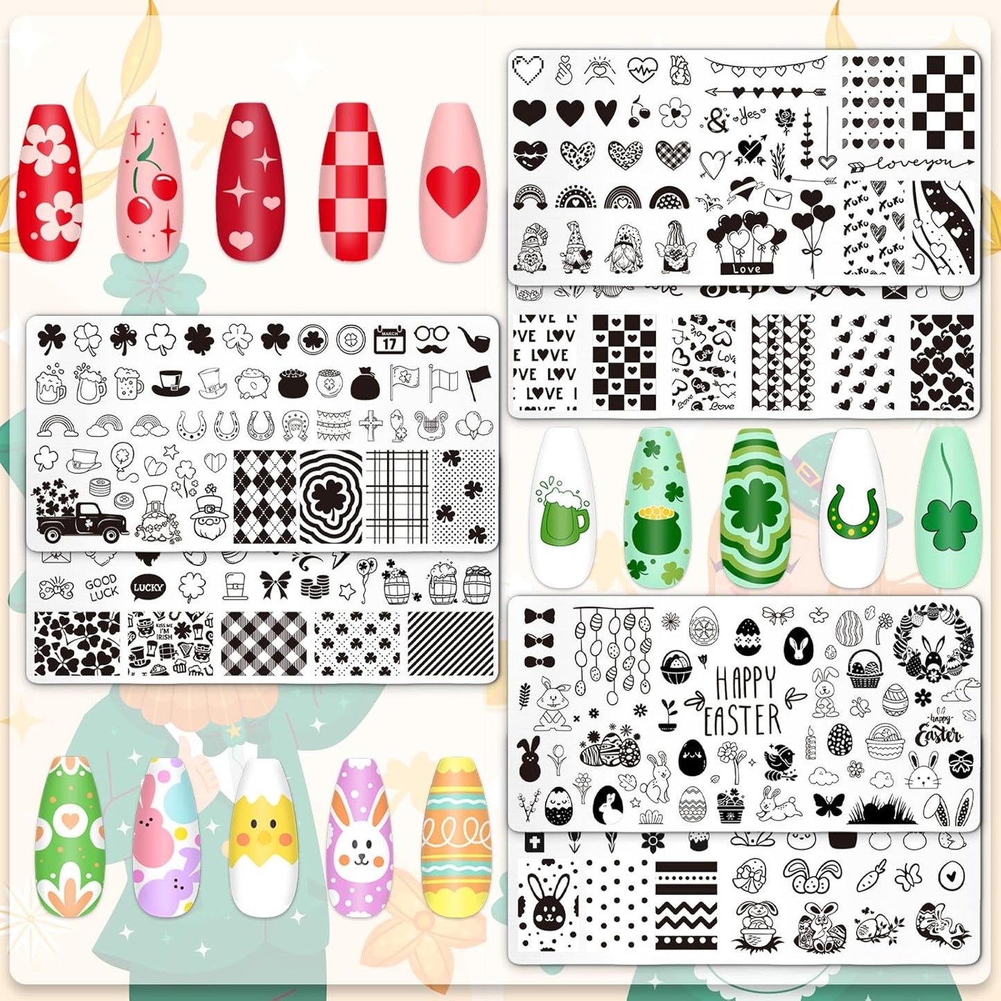 Whaline 6Pcs Valentine's Day St. Patrick's Day Easter Nail Plates Stamping Set Heart Shamrock Egg Stamp Templates Nail Art Plates for DIY Print Manicure Salon Design-Velvo Beauty