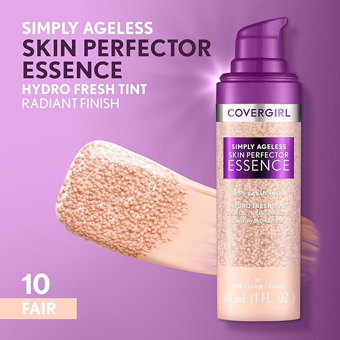 Covergirl Simply Ageless Skin Perfector Essence Foundation, 10 Fair, Tinted Skin Perfector, Skincare Makeup Hybrid, Sheer Tint, Radiant Finish, Skin-Like Finish, Vegan Formula, 1.0oz-Velvo Beauty