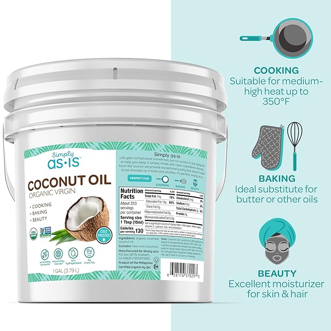Simply as-is | Cold Pressed & Organic Virgin | Unrefined | Coconut Flavor for Cooking & Baking | Deep Moisturizer for Beauty Oil | 128 fl oz-Velvo Beauty