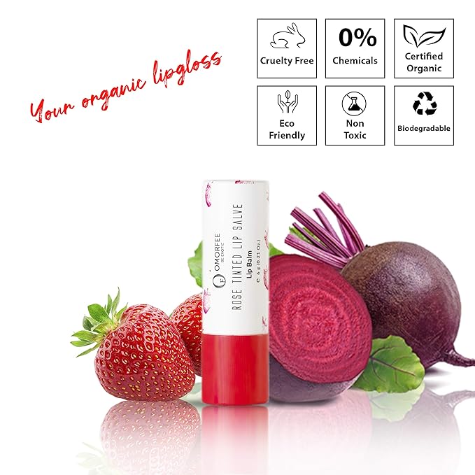 Omorfee 100% Organic Tinted Lip Balm Stick Treatment, Natural Lip Tint Gloss, Long Lasting Rose Lip Tint, Strawberry Flavor, Beetroot & Cocoa Butter, Pink Red Color, Moisturizing Lip Balm - 6g/0.21Oz-Velvo Beauty