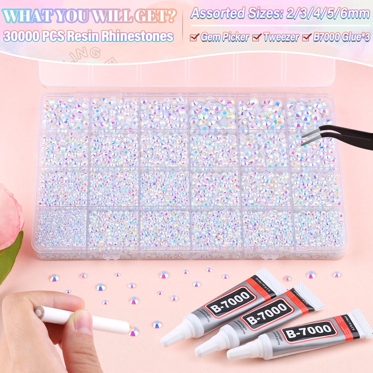 30000Pcs Resin White AB Rhinestones for Bedazzling Crafting with b7000 Jewelry Glue, Bulk Flatback Gems Bedazzler Kit for Crafts Clothes Shoes Fabric Nail Diamond Art, Assorted Size 2/3/4/5/6mm-Velvo Beauty