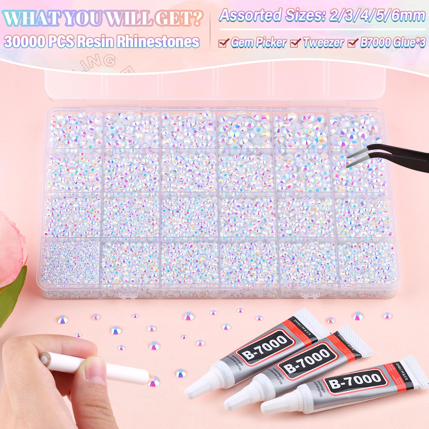 30000Pcs Resin White AB Rhinestones for Bedazzling Crafting with b7000 Jewelry Glue, Bulk Flatback Gems Bedazzler Kit for Crafts Clothes Shoes Fabric Nail Diamond Art, Assorted Size 2/3/4/5/6mm-Velvo Beauty