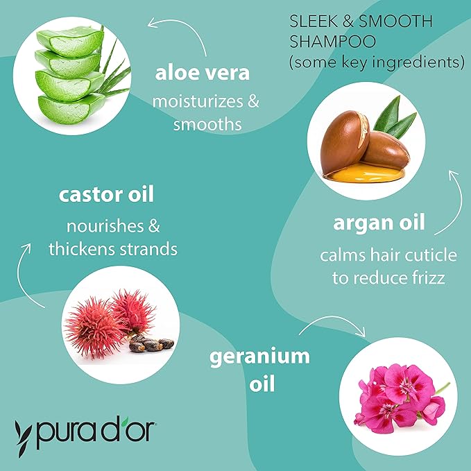 PURA D'OR Sleek & Smooth Shampoo and Conditioner Set For Frizz-Free & Silky Smooth Hair, Infused with Organic Aloe Vera, Argan Oil, Castor Oil, Bergamot Oil & Geranium Oil-Velvo Beauty