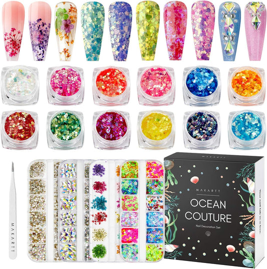 Makartt Nail Decoration Set, 4 Boxes Glitter Sequins & Rhinestones for Spring, Summer, Nail Art, DIY Nail Decoration Accessories Kit-Velvo Beauty