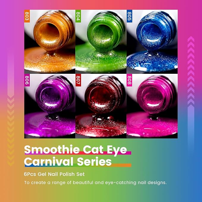 RARJSM 9D Neon Cat Eye Gel Nail Polish Set 6 Colors Velvet Silver Glitter Bright Orange Blue Red Green Rose Purple Ice Gel Polish with Magnet Stick UV LED Curing Requires Soak Off Home Salon Diy-Velvo Beauty