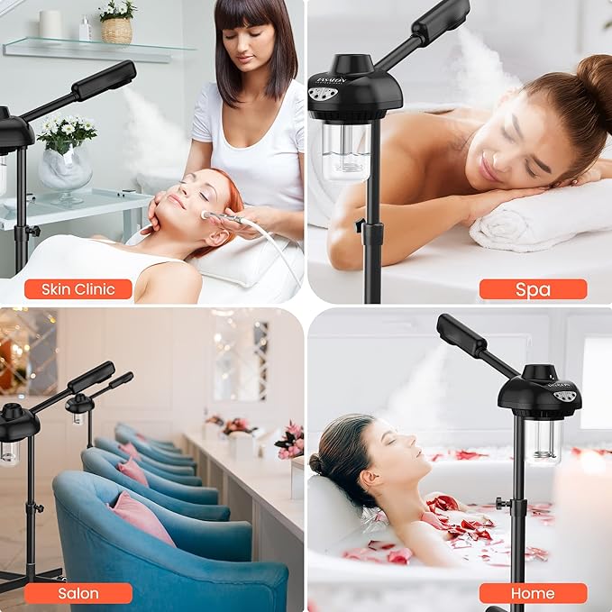 TASALON Steamer on Wheels for Professional Skin Rejuvenation, Facial Steamer Kit for Home, Spa, Clinic - Warm Mist, Ozone Face Humidifier - Pore Opener and Cleanser-Black-Velvo Beauty