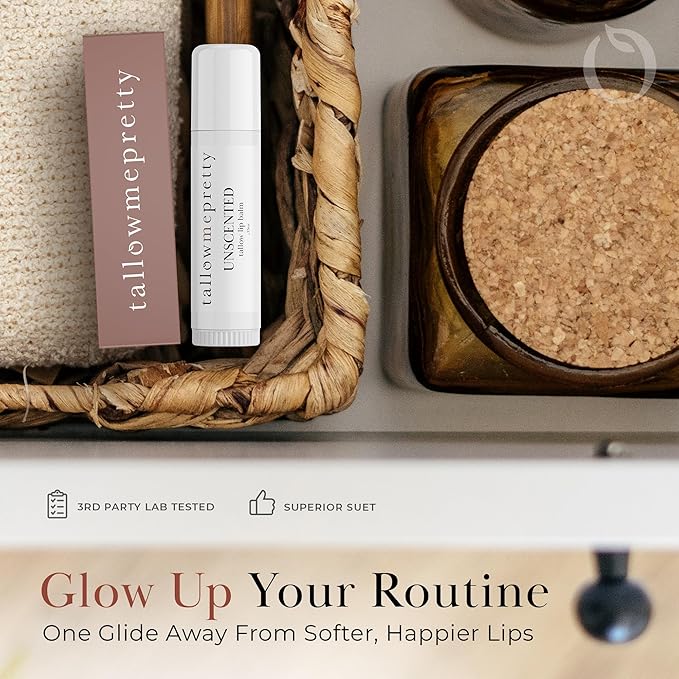 Unscented Lip Balm, Ultra-Soothing, Deeply Hydrating Tallow Lip Balm with Grass Fed Beef Tallow, Beeswax, Jojoba Oil & More, Non Toxic Lip Care, Made in the USA, 0.15 Oz.-Velvo Beauty