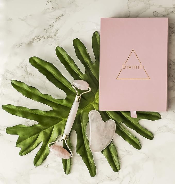 Rose Quartz Face Roller and Gua Sha Set - Face Roller Skin Care - Jade Roller and Gua Sha and Jade Roller for Face Rollers for Women Gifts - Rose Quartz Roller for Face Massage Roller DiviniTi-Velvo Beauty