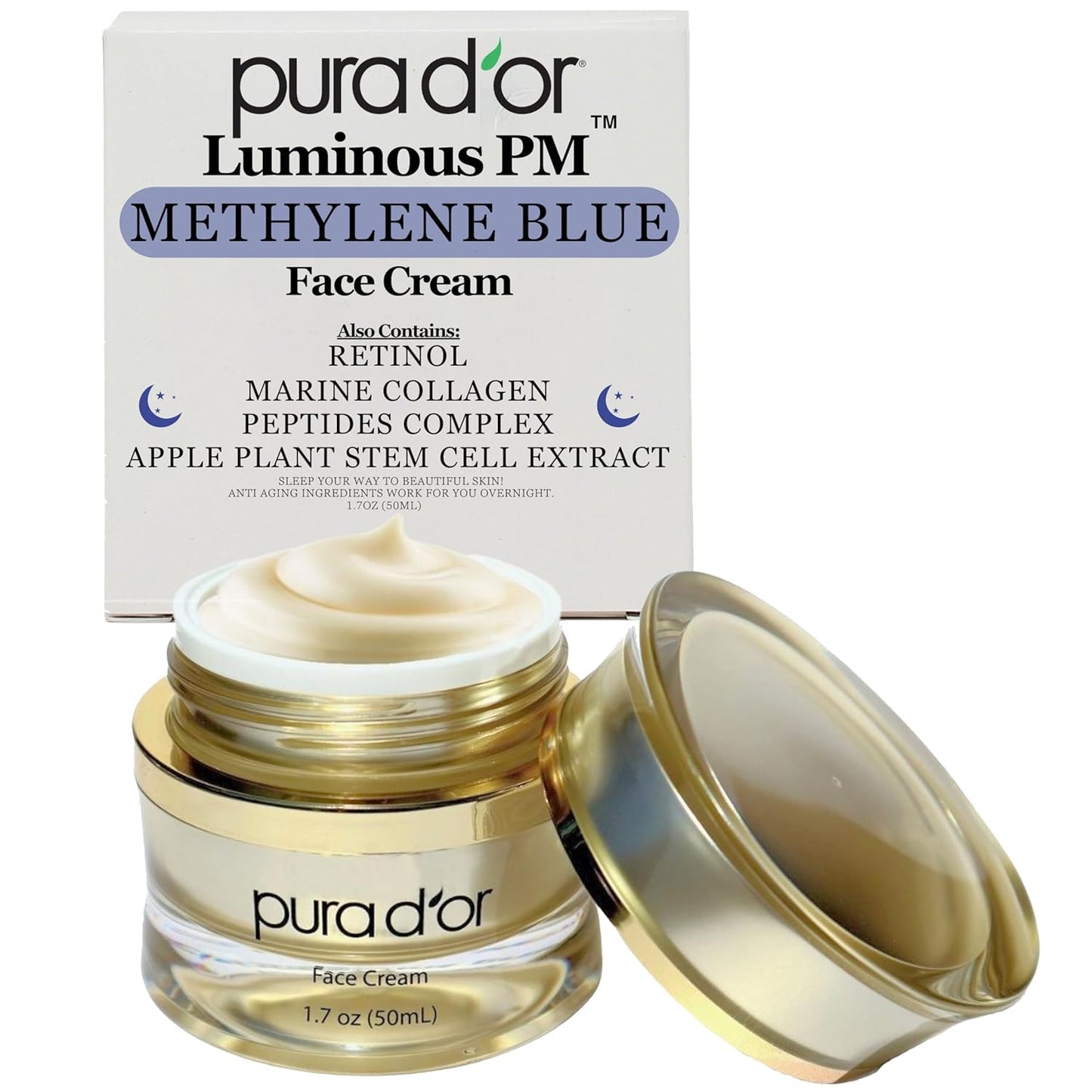 PURA D'OR 1.7 Oz Luminous PM Face Cream - Methylene Blue, Marine Collagen, Retinol, Peptides, Apple Stem Cell Extract - Anti-Aging Nighttime Moisturizer - Overnight Facial Treatment For Women & Men-Velvo Beauty