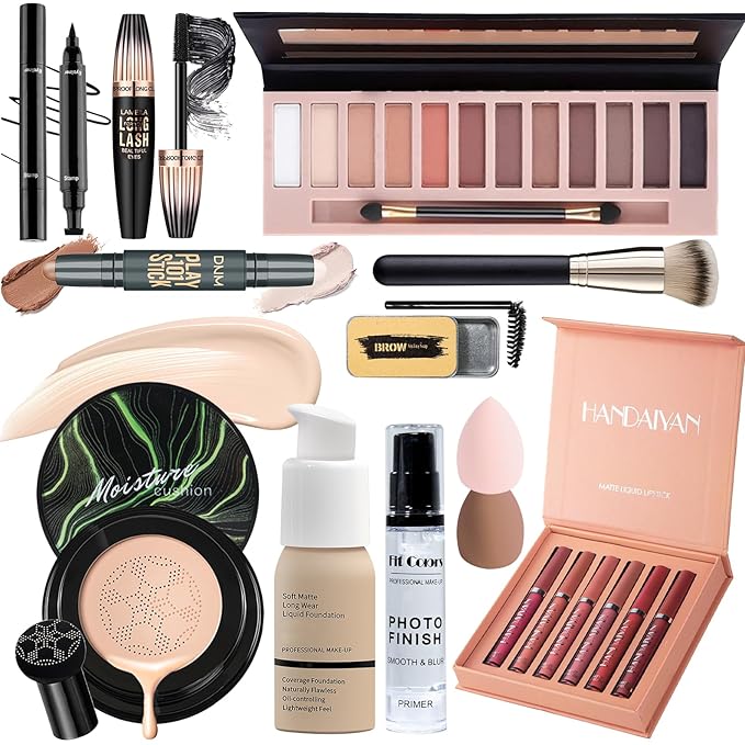 Face Primer, Makeup Brush and Sponges, Eyebrow Soap and Pencil, Mascara, Winged Eyeliner Stamp, cosmetic bag，Eyebrow Soap and Pencil, Mascara, Winged Eyeliner Stamp-Velvo Beauty