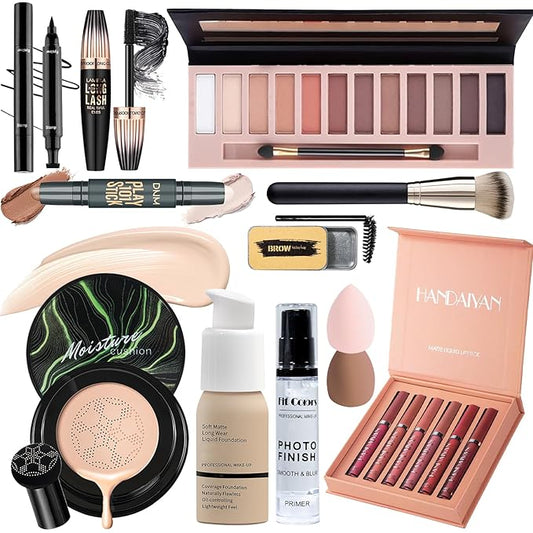 Face Primer, Makeup Brush and Sponges, Eyebrow Soap and Pencil, Mascara, Winged Eyeliner Stamp, cosmetic bag，Eyebrow Soap and Pencil, Mascara, Winged Eyeliner Stamp-Velvo Beauty