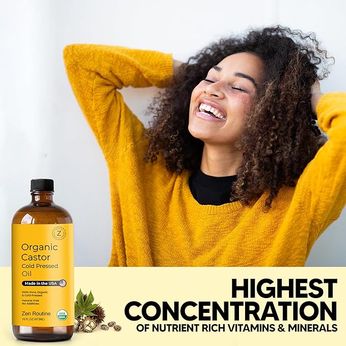 Zen Routine Organic Castor Oil (Glass Bottle - 16oz / 2-Pack) Hexane Free – Hair Growth Oil, Eye Lashes & Stomach, Pure 100% Cold Pressed Unrefined Castor Pack Wrap – USDA Certified, Made in the USA-Velvo Beauty