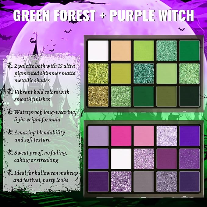 UCANBE 2pcs Eyeshadow Palette Makeup Set, Green Purple Color Shimmer Matte Metallic Eye Shadow Pallet with Soft Brush Eye Make Up Kit for Halloween Cosplay Costume Beetlejuice Medusa Poison Ivy Ursula-Velvo Beauty