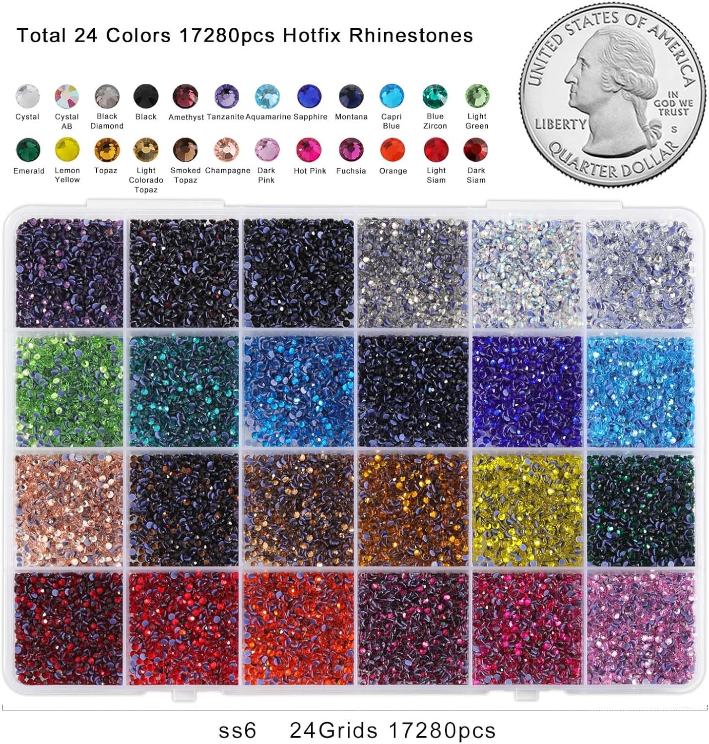 Hotfix Rhinestones Mixed 24 Colors, SS6 Rhinestones for Crafts Clothes, Hotfix Crystals with 1 Tweezers, 1 Wax Pencil and 1 Spoon-Velvo Beauty