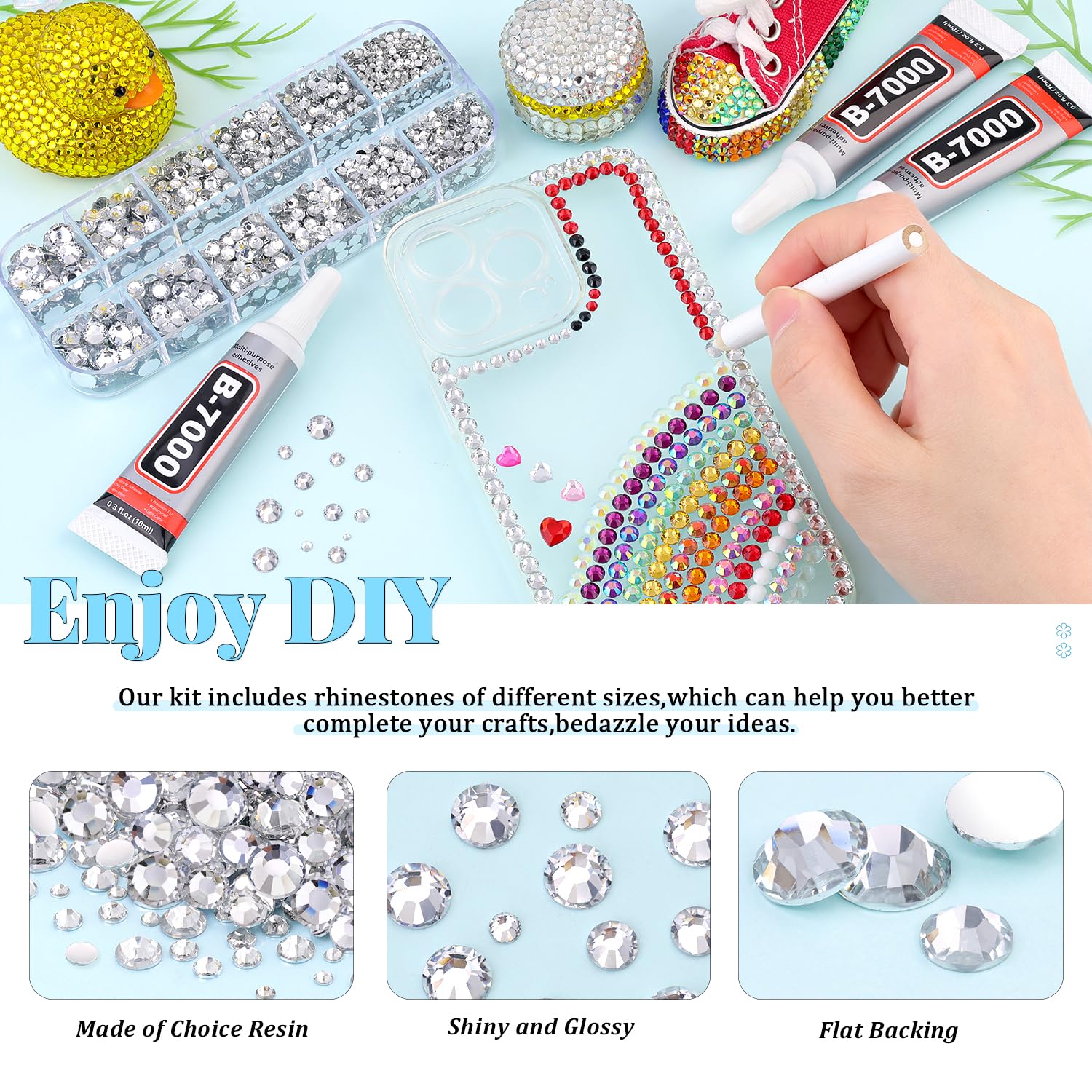 6000Pcs Resin Rhinestones for Bedazzling with 3Pcs B7000 Jewelry Glue, 1 Box Clear Flatback Rhinestones for Crafting Crafts DIY, Crystals Gems for Clothing Shoes Tumblers Nail Art Makeup-Velvo Beauty