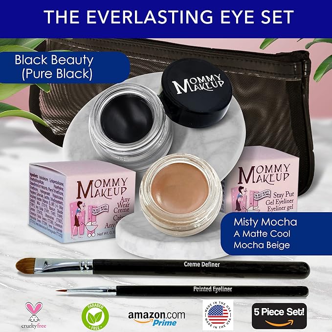 The Everlasting Eye 5 Piece Waterproof Makeup Set. Gel Eyeliner, Creme Eyeshadow, 2 brushes and Mesh Bag. Paraben-free, Talc-free, Cruelty-free. Misty Mocha/Black Beauty 1801-Velvo Beauty