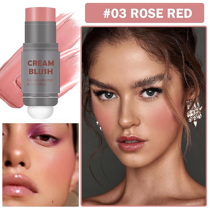 Cream Blush Stick with Sponge 3 in 1 Multi-Use Blush Makeup Stick Long Lasting Waterproof Natural Matte Cream Blush Stick for Cheeks, Lips and Eyes - Rose Red-Velvo Beauty