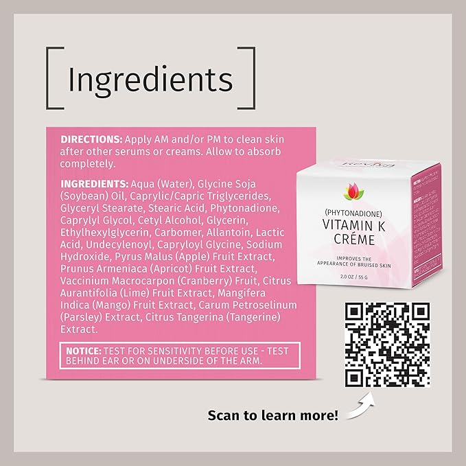 Reviva Labs Vitamin K Crème for Bruising, Under-Eye Dark Circles, and Wrinkles with Soybean Oil and Natural Fruit Extracts - 2 Oz, for Skin and Face-Velvo Beauty