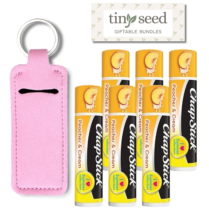 Peaches and Cream Chapstick 6-Pack. Includes Bonus Lip Balm Holder Keychain (Pink). Limited Edition Flavor from the Chapstick I Love Summer Collection, Unique Gift Bundle from Tiny Seed-Velvo Beauty